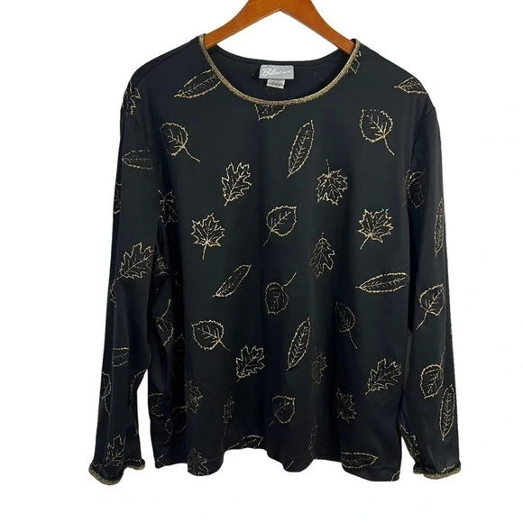 Blair Black Gold Glitter Leaf Leaves Pattern Blouse Plus Size 2X Dressy Holiday - Picture 1 of 8